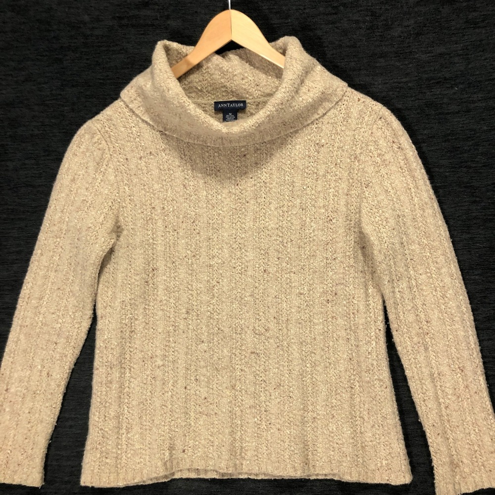 Ann Taylor Wool Blend Cowl‎ Neck Sweater Knit Pullover Neutral Toned M
